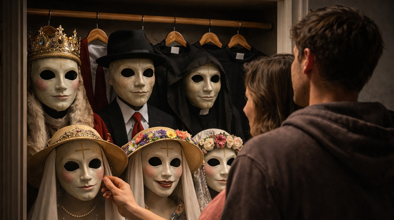A couple choosing among ornate masks marked with crosses, hanging in a wardrobe like clothing.