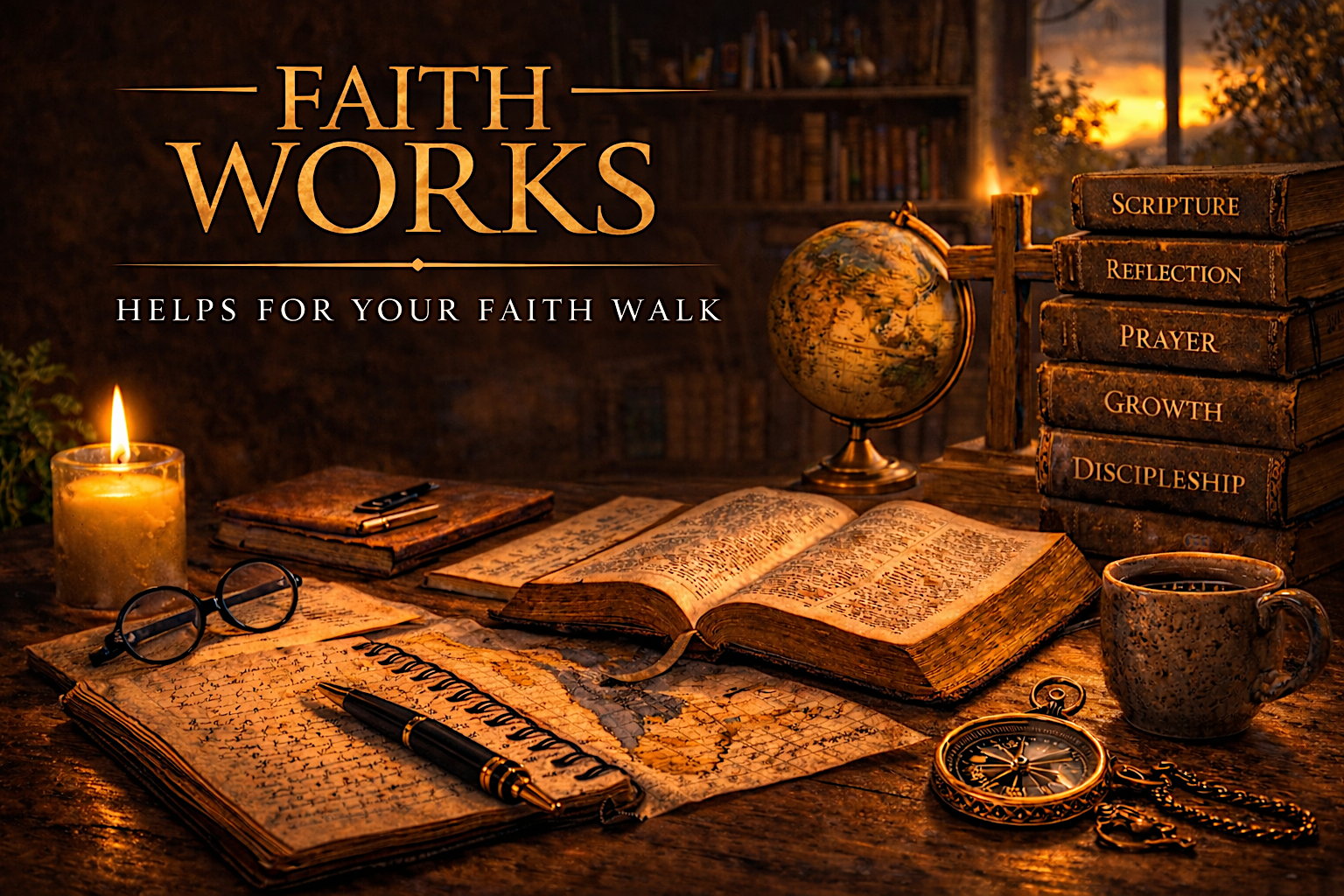 Desk with Bible, notes, and candle representing practical spiritual helps