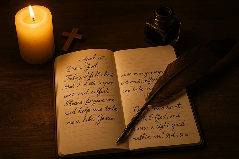 Open journal with quill, candle, and cross