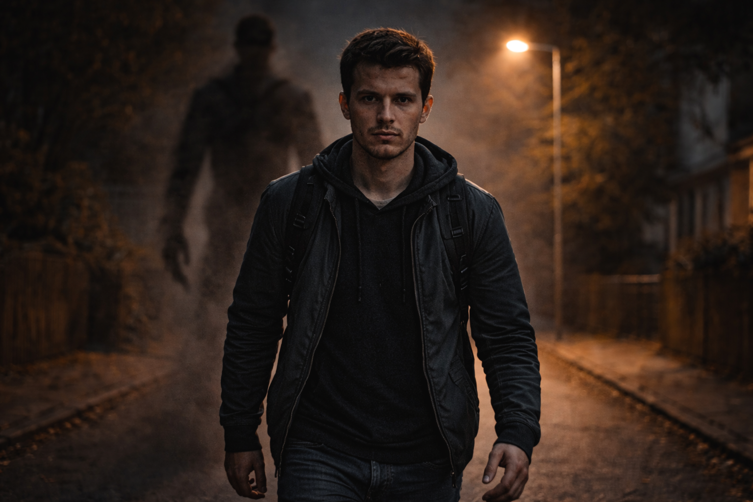 Dark shadowy figure following a man