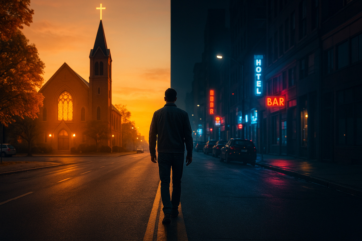 Man walking down a street between a glowing church and neon-lit city buildings at night