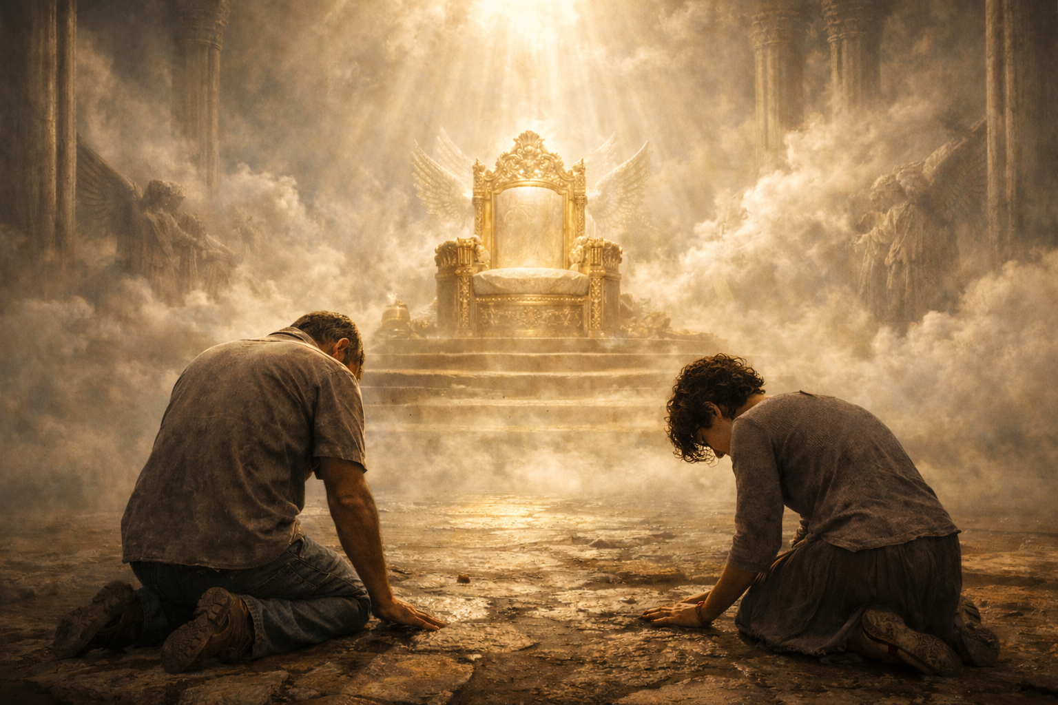 A man and a woman kneel on the ground facing a radiant, empty throne above them, with light and mist filling the space.