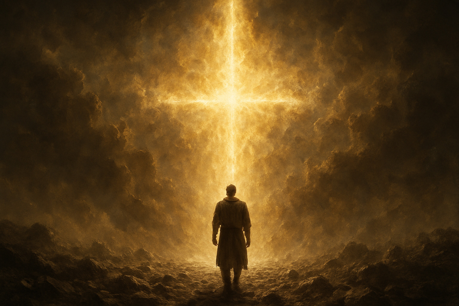 Man standing before a holy, burning cross