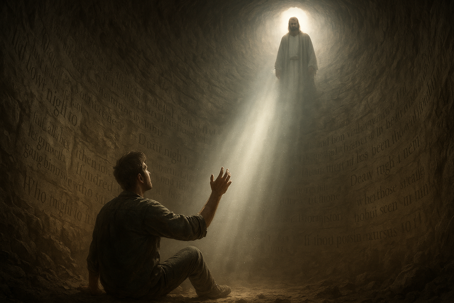 Man at the bottom of a big pit looking up at Jesus
