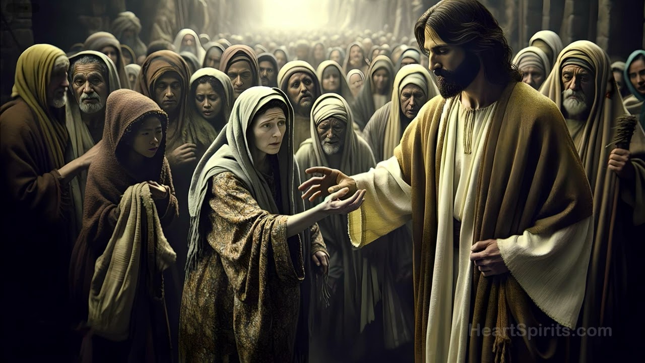 A desperate woman reaches for the hem of Jesus’ garment in a crowded street, while the surrounding crowd presses close but remains untouched by faith — a vivid contrast between belief and unbelief.