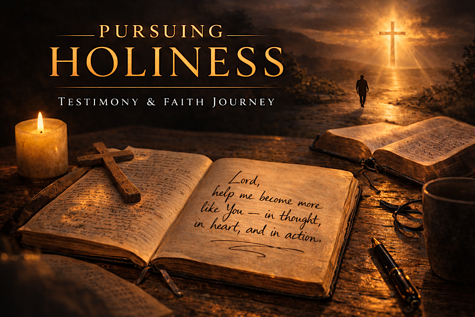 Open journal with candle and cross representing a personal faith journey
