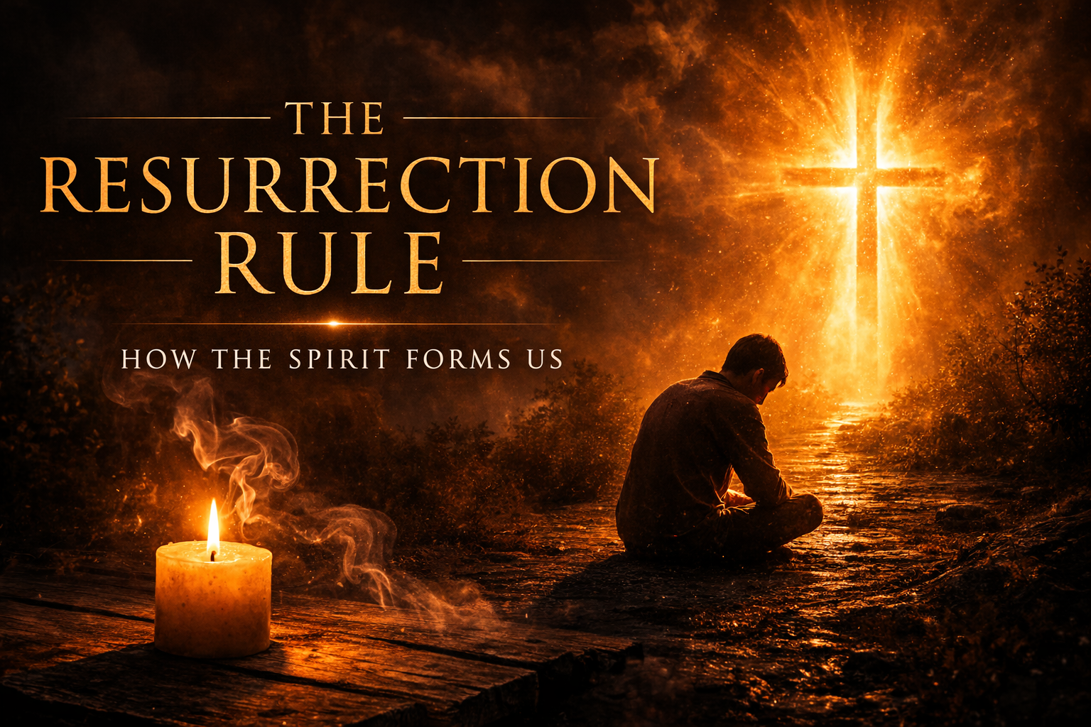 Candle and cross beside a kneeling figure representing daily surrender